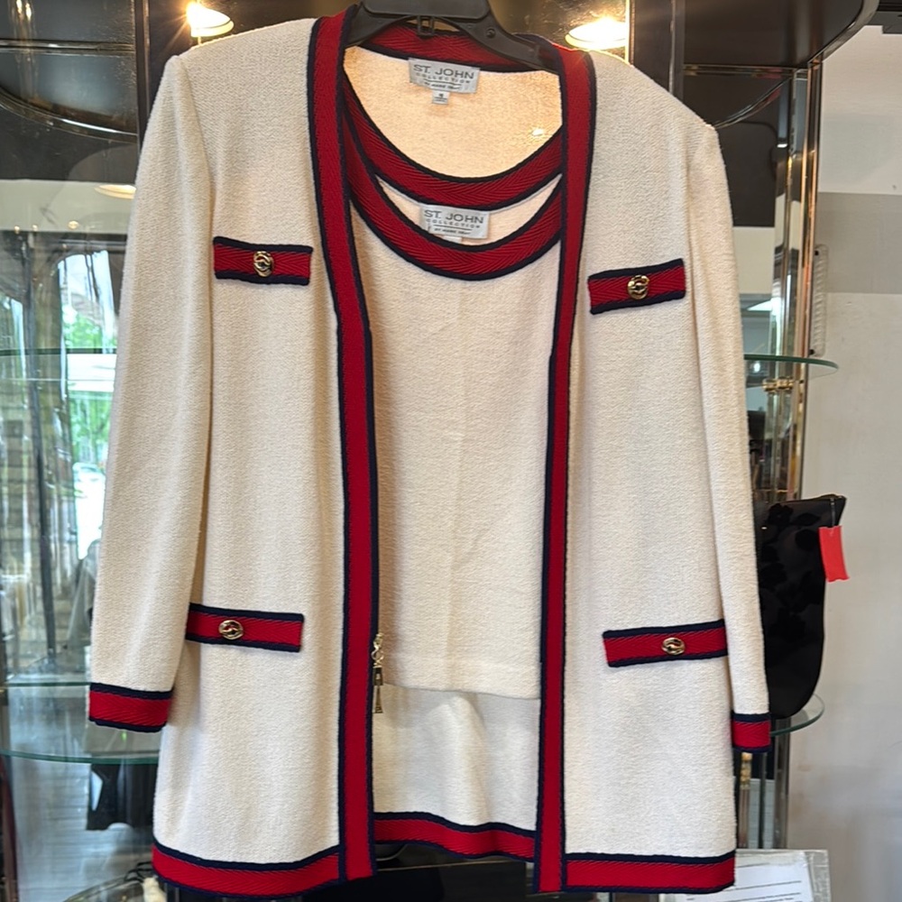 St. John Ivory Cardigan Set with Red and Black Accents